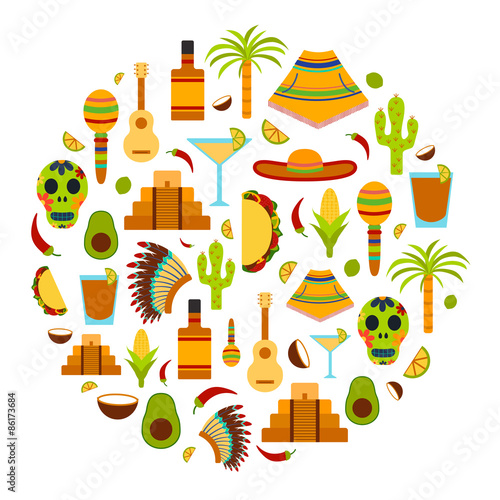 Vector background with flat objects on Mexico theme: sombrero