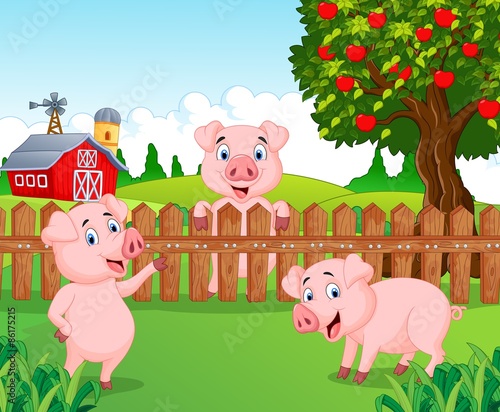 Cartoon adorable baby pig on the farm