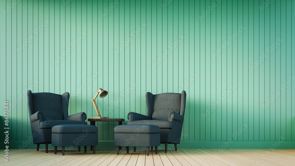 Navy blue sofa and green wall with vertical stripes / 3D render image ...