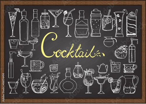 Big set of hand drawn cocktails on chalkboard.