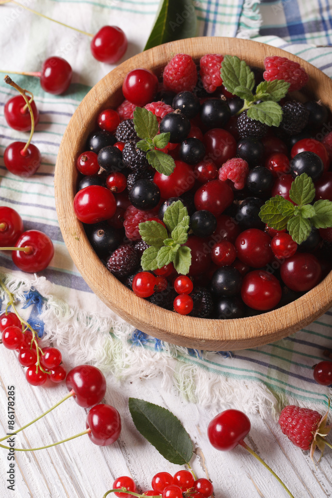 Berry mix in a wooden bowl close-up. Vertical
Berry mix in a wooden bowl close-up. Vertical