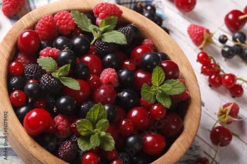 fresh berries in a wooden bowl closeup. horizontal
