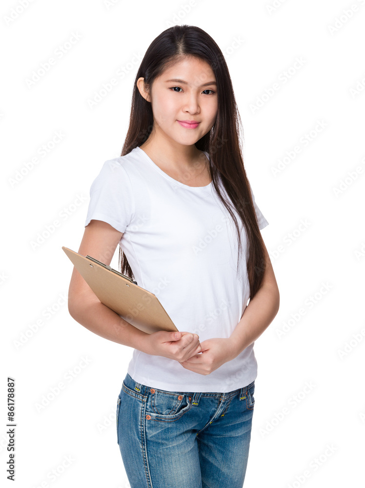 Young lady hold with clipboard Young lady hold with clipboard