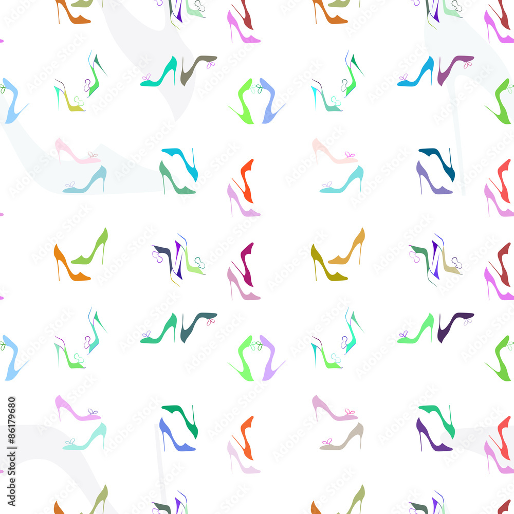 Unique and elegant hand drawn seamless fashion pattern featuring colorful shoes. Great as web background, packaging print, part of digital scrapbook project, wallpaper, textile and wrapping paper Unique and elegant hand drawn seamless fashion pattern featuring colorful shoes. Great as web background, packaging print, part of digital scrapbook project, wallpaper, textile and wrapping paper