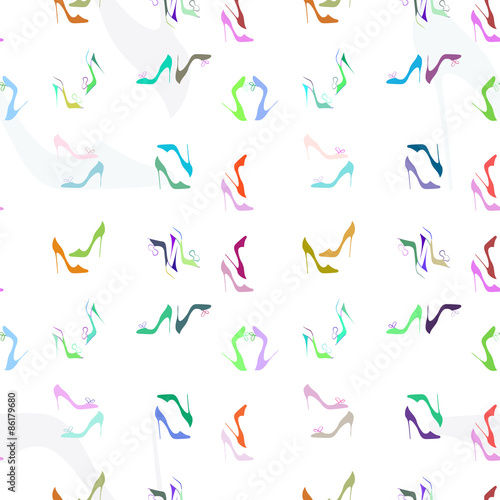 Unique and elegant hand drawn seamless fashion pattern featuring colorful shoes. Great as web background, packaging print, part of digital scrapbook project, wallpaper, textile and wrapping paper