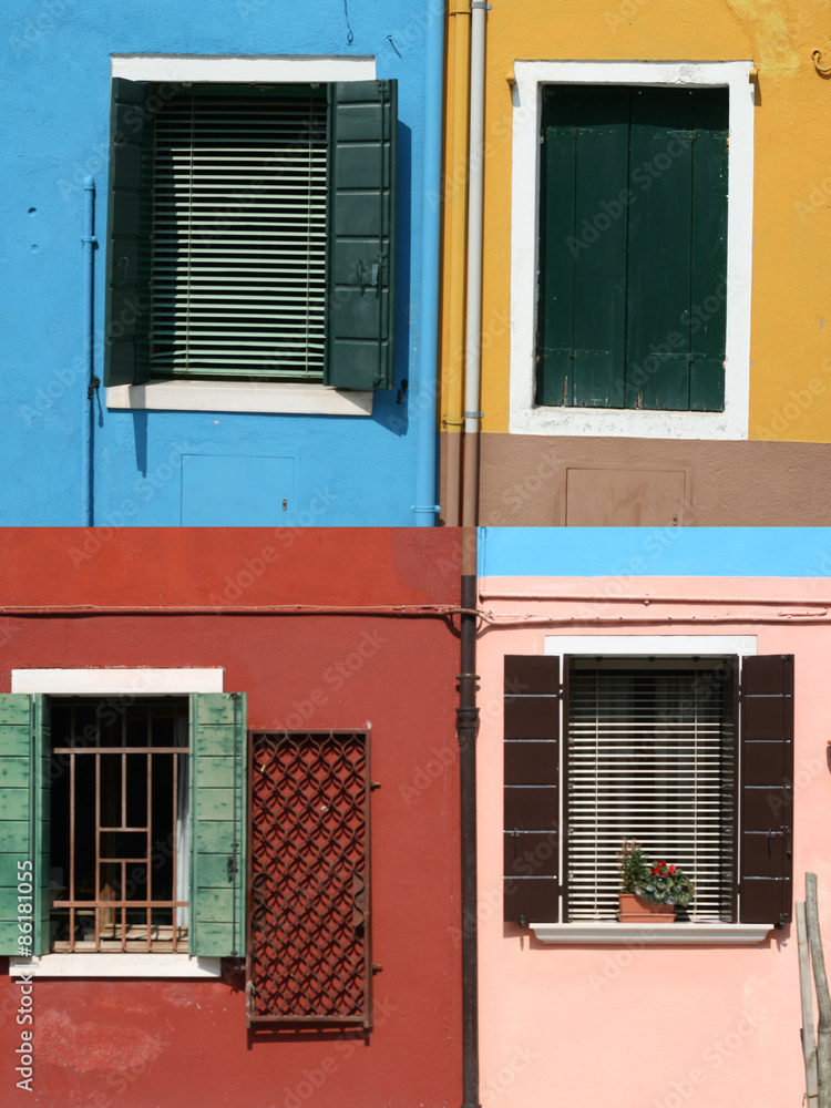 Collage of colourful windows of houses on Burano island, Italy