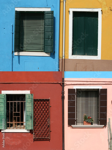 Collage of colourful windows of houses on Burano island, Italy