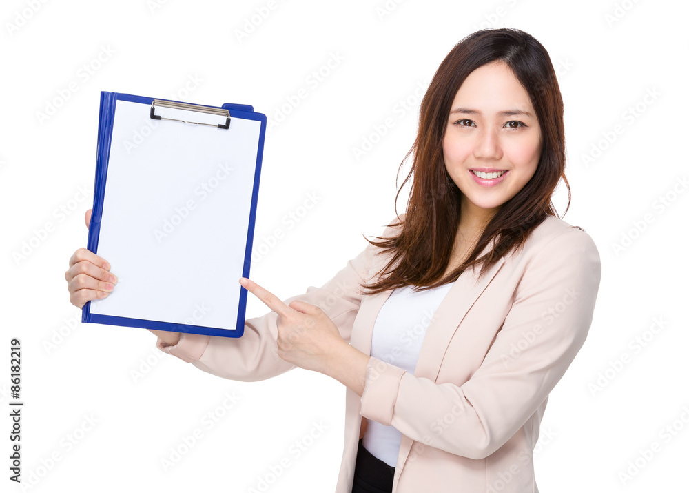 Asian businesswoman finger point to clipboard Asian businesswoman finger point to clipboard