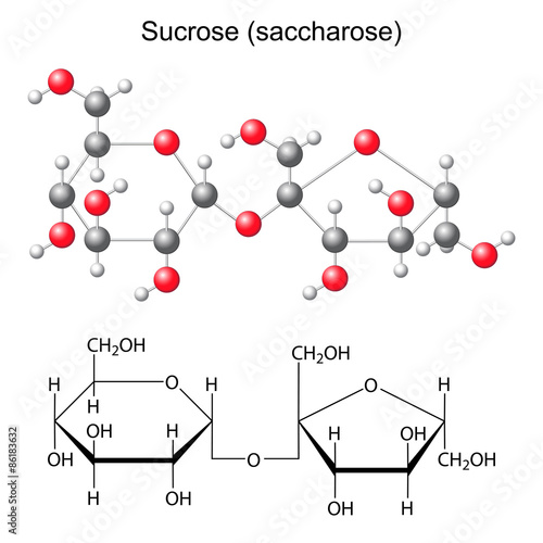 Structural chemical formula and model of sucrose