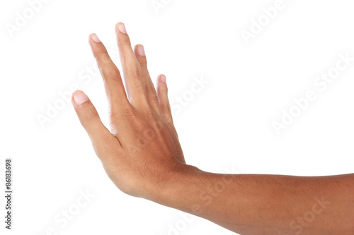Hand showing push gesture, isolated in white background