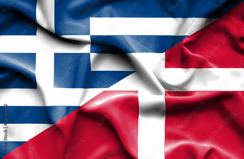 Waving flag of Denmark and Greece