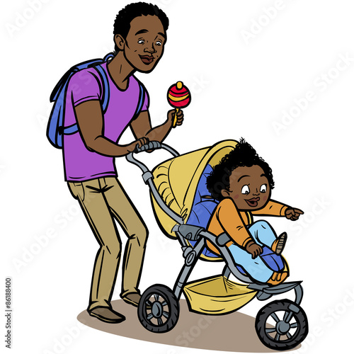 Funny cartoon father with baby stroller. Vector illustration