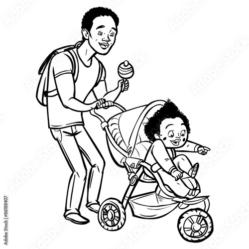 Funny cartoon father with baby stroller. Vector illustration
