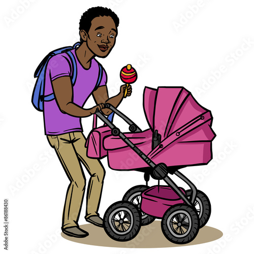 Funny cartoon father with baby stroller. Vector illustration