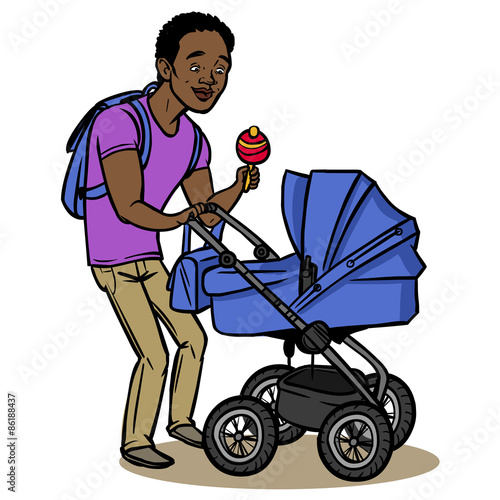 Funny cartoon father with baby stroller. Vector illustration