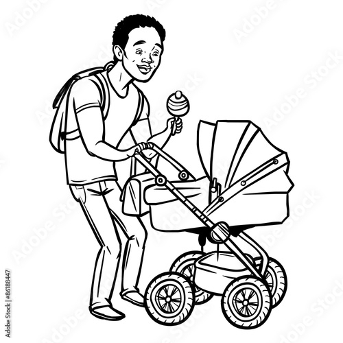 Funny cartoon father with baby stroller. Vector illustration