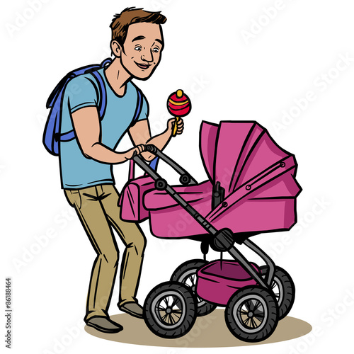 Funny cartoon father with baby stroller. Vector illustration