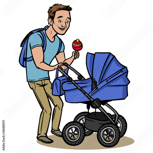 Funny cartoon father with baby stroller. Vector illustration photo