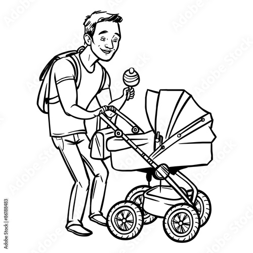 Funny cartoon father with baby stroller. Vector illustration photo