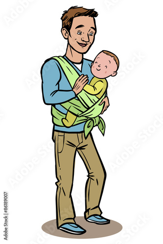Dad holding his baby in a sling. vector illustration