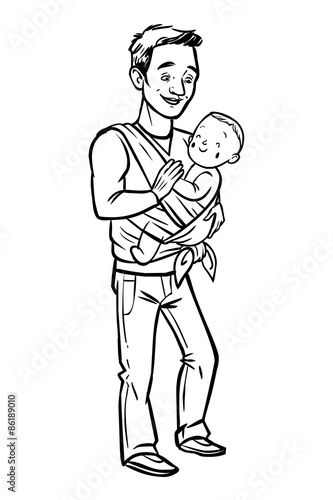 Dad holding his baby in a sling. vector illustration