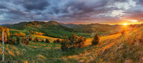 Slovakia Mountain meadow sunset, panorama
