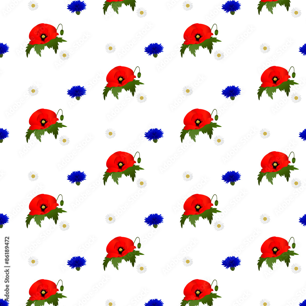 Seamless pattern with chamomile, cornflowers and poppies flowers Seamless pattern with chamomile, cornflowers and poppies flowers