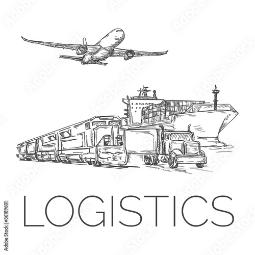 Logistics sign with plane, truck, container ship and train vector illustration