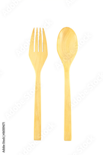 Wood fork spoon isolated on black with clipping path