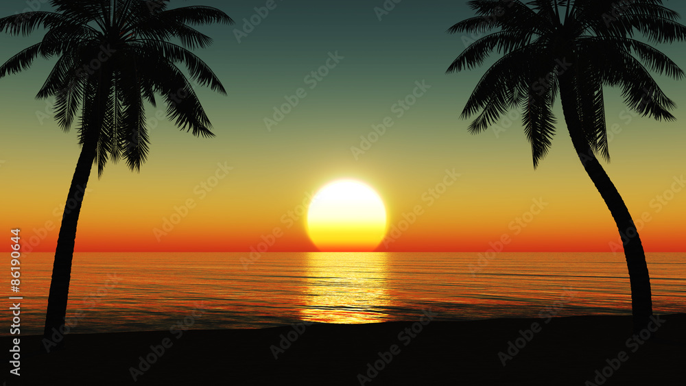 Fototapeta Zachód słońca na tropikalnej plaży z palmami kokosowymi sylwetka
