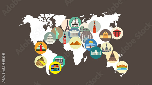 Travel landmarks on the world map