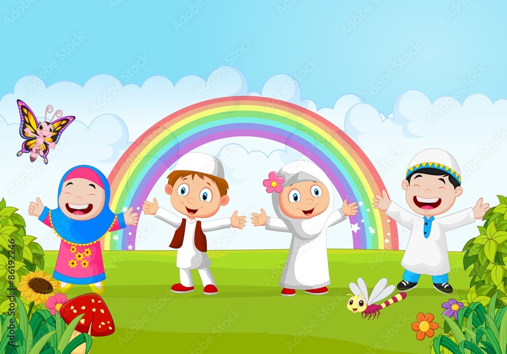 Happy little kid with rainbow