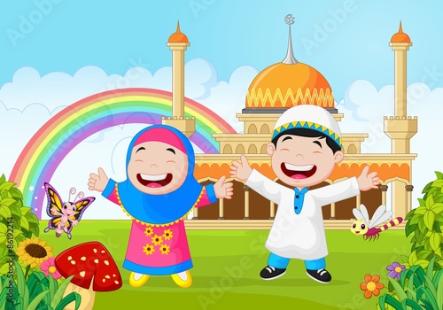 Cartoon happy little kid with rainbow 