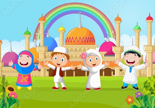 Cartoon little kid with the mosque