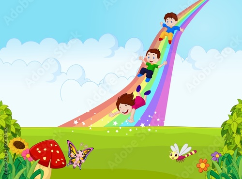 Cartoon little kids playing slide rainbow in the jungle