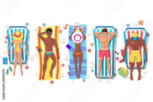 Summer beach people on sun lounger icons