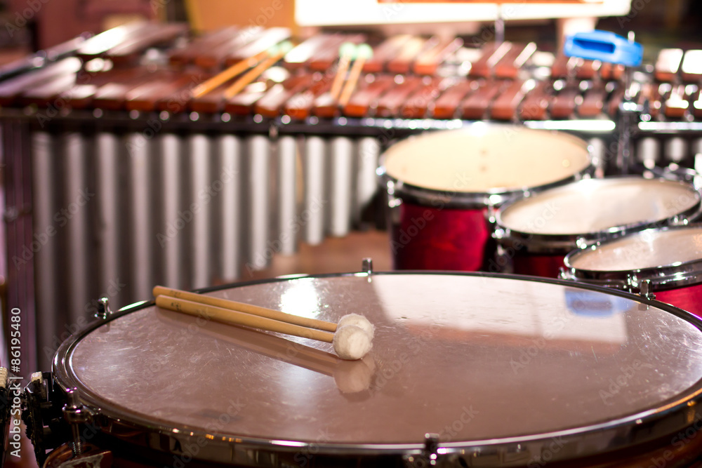 Naklejka premium Percussion instruments in a chamber hall. Drums. Marimba. Bass 