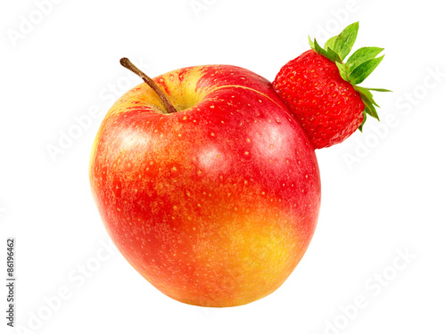 Fresh strawberry in red apple isolated on white background.