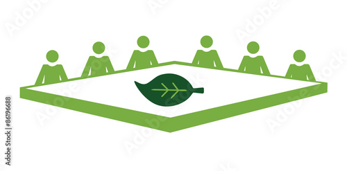 Vector flat image of people sat around a table with a leaf placed in the middle