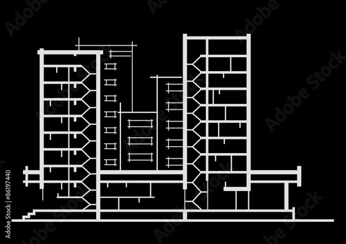 Linear architectural sketch of multistory building. Sectional drawing on black background