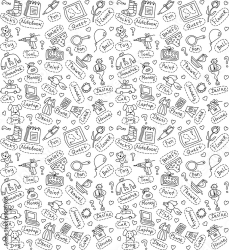 Different gifts and present black and white seamless patternSeamless pattern with gift ideas and different presents icons and objects. Black and white doodles illustration.