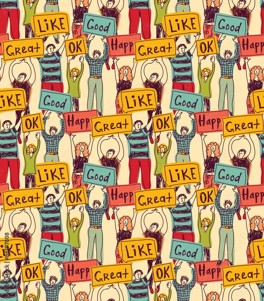 Seamless pattern group casual happy people with plates color
Very big team of young unrecognizable happy people. Color seamless pattern  illustration.