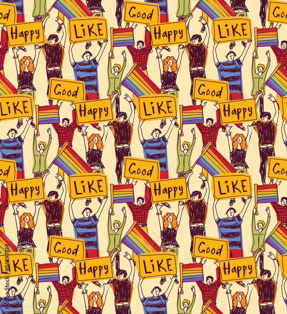 Seamless pattern big team homosexual lgbt people with rainbow flags
Big happy pride in meeting. Color illustration.