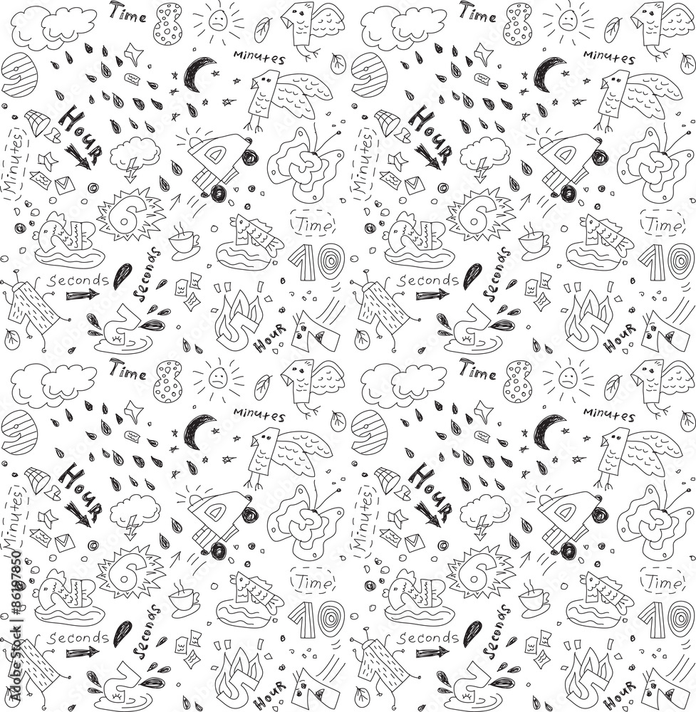 Obraz premium Time management metaphor doodles seamless pattern Time flies. Black and white vector illustration.