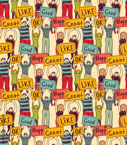 Seamless pattern group casual happy people with plates color Very big team of young unrecognizable happy people. Color seamless pattern illustration.