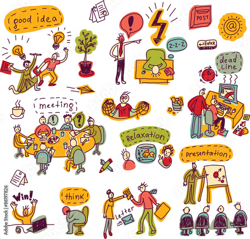 Set creative people in office business color icons isolated Doodles set with creative people, symbols and icons. Every object is separated. Color illustration.