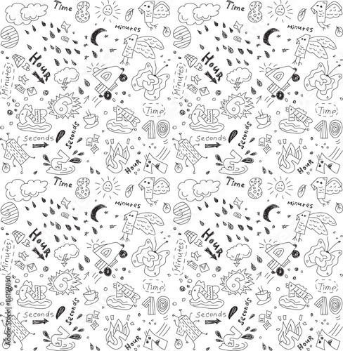 Time management metaphor doodles seamless pattern Time flies. Black and white vector illustration.