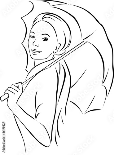 young woman with parasol - black outline vector illustration