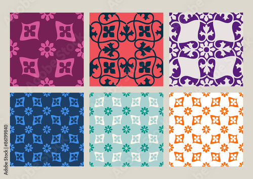 Colorful set of seamless floral patterns vintage backgrounds collection vector