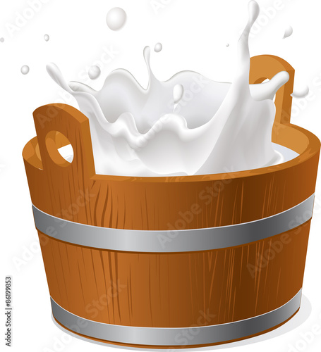 wooden bucket with milk splash isolated on white  - vector illustration